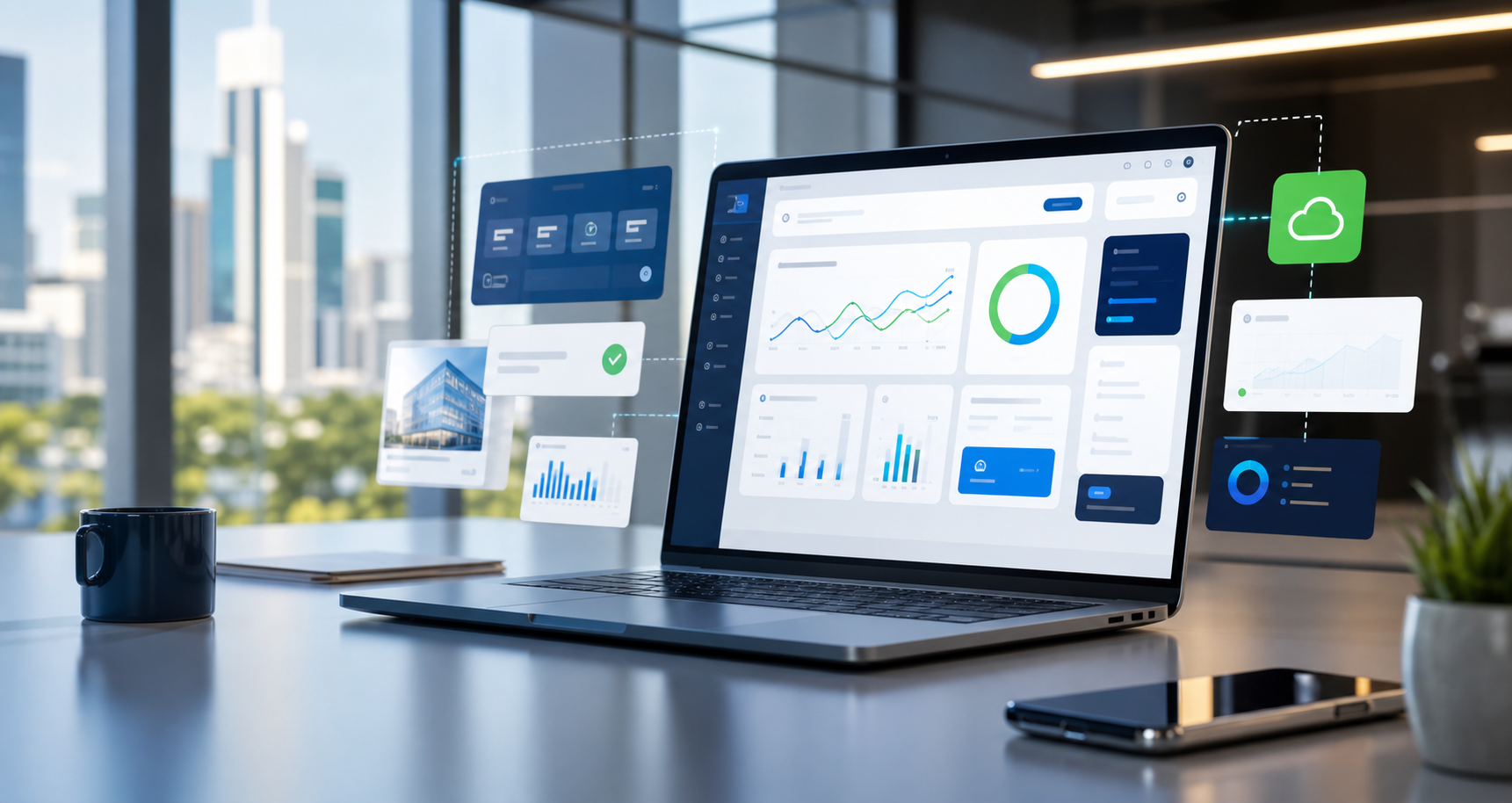Interface digital com dashboards, nuvem e analytics em um notebook